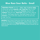 Nutrition facts and ingredients list for Blue Razz Sour Belts on a teal background
