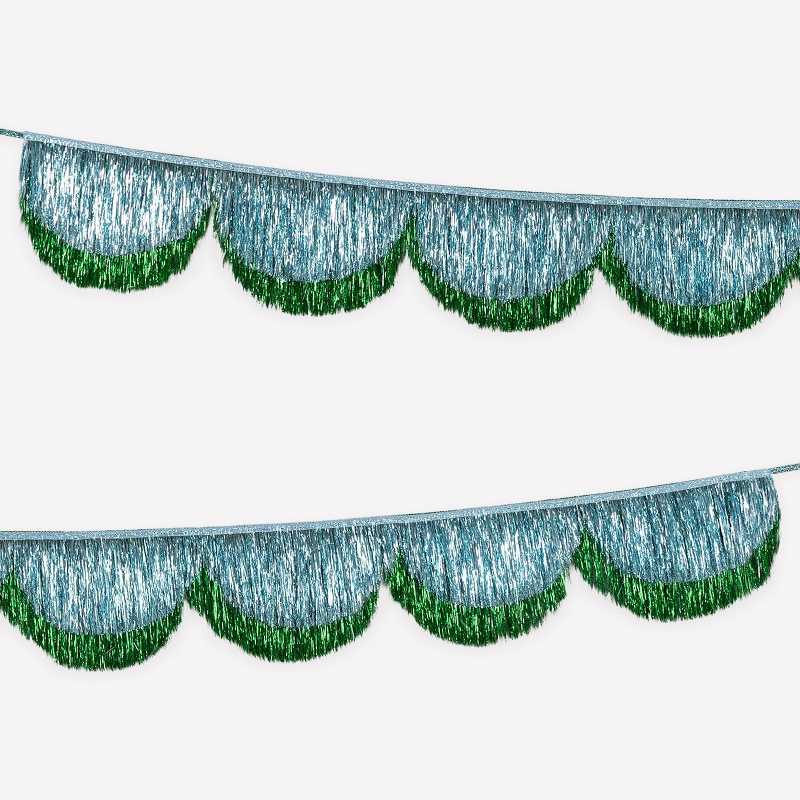 Blue and green scalloped tinsel garland with glitter ribbon for holiday decorating