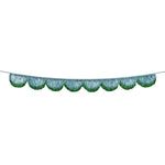 Blue and green scalloped tinsel garland with glitter ribbon for holiday decorating