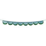 Blue and green scalloped tinsel garland with glitter ribbon for holiday decorating