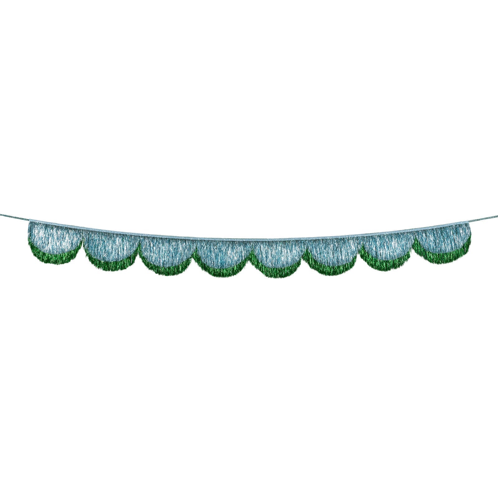 Blue and green scalloped tinsel garland with glitter ribbon for holiday decorating