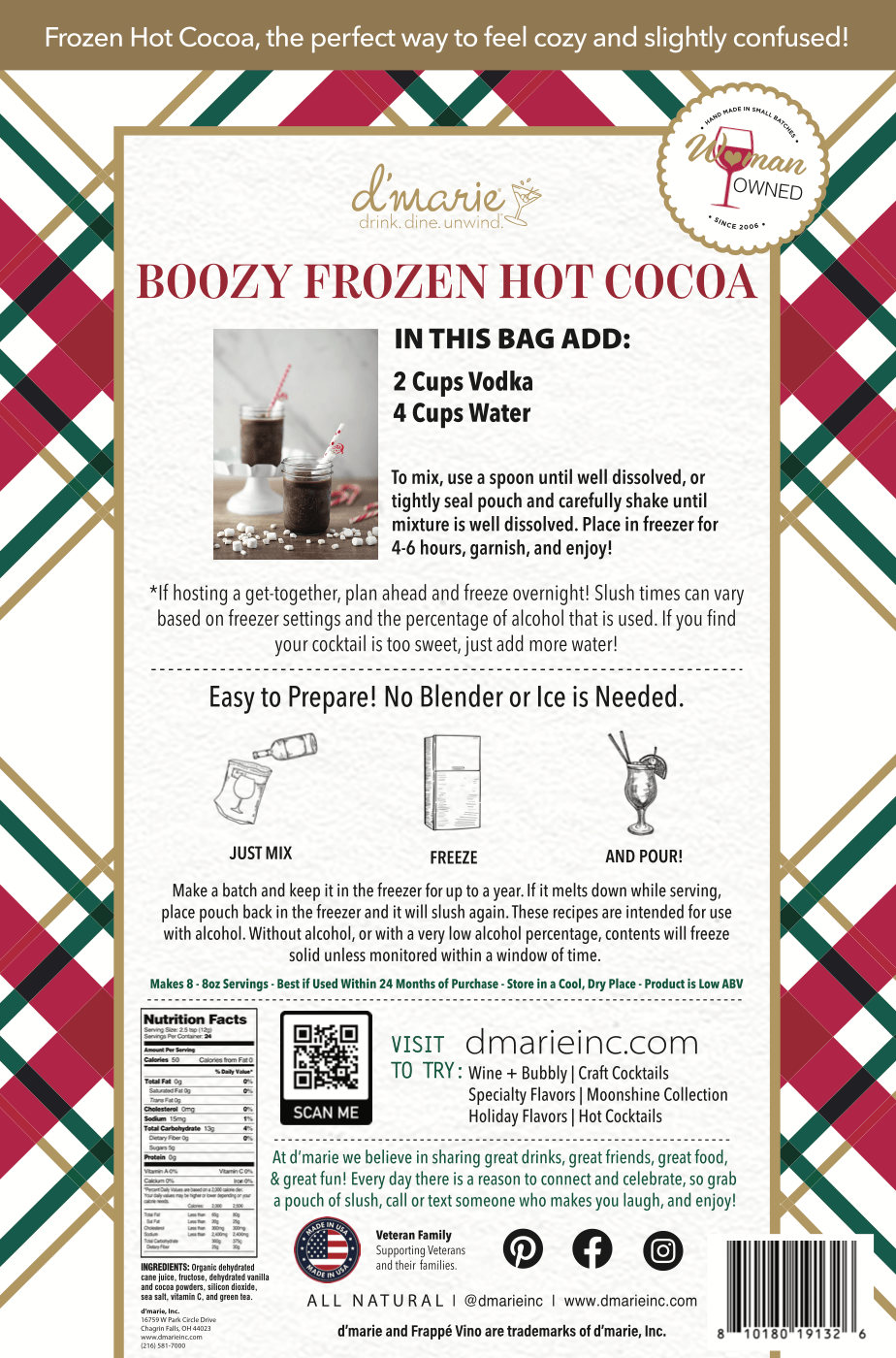 Boozy Frozen Hot Cocoa slush mix pouch with glass of frozen cocoa by fireplace and Christmas tree.