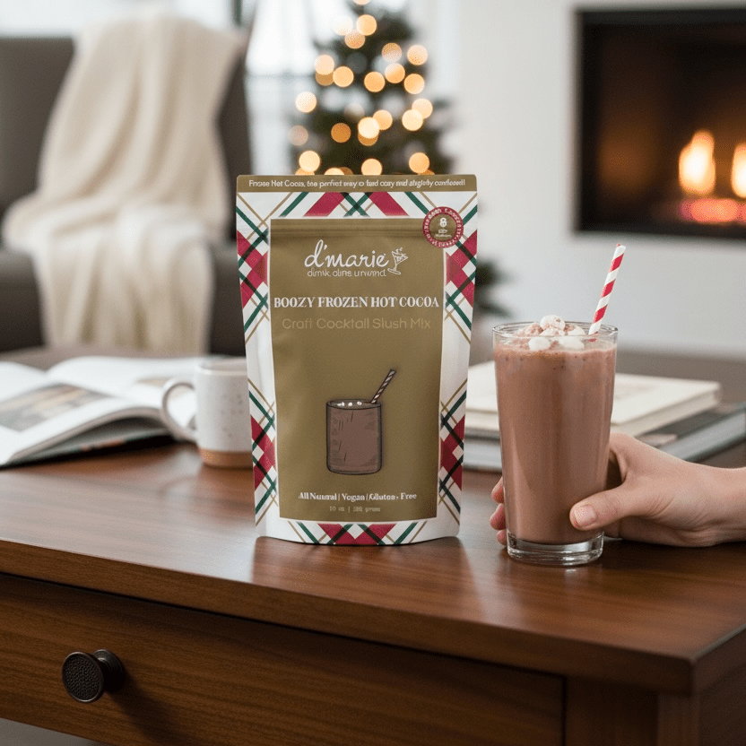 Boozy Frozen Hot Cocoa slush mix pouch with glass of frozen cocoa by fireplace and Christmas tree.