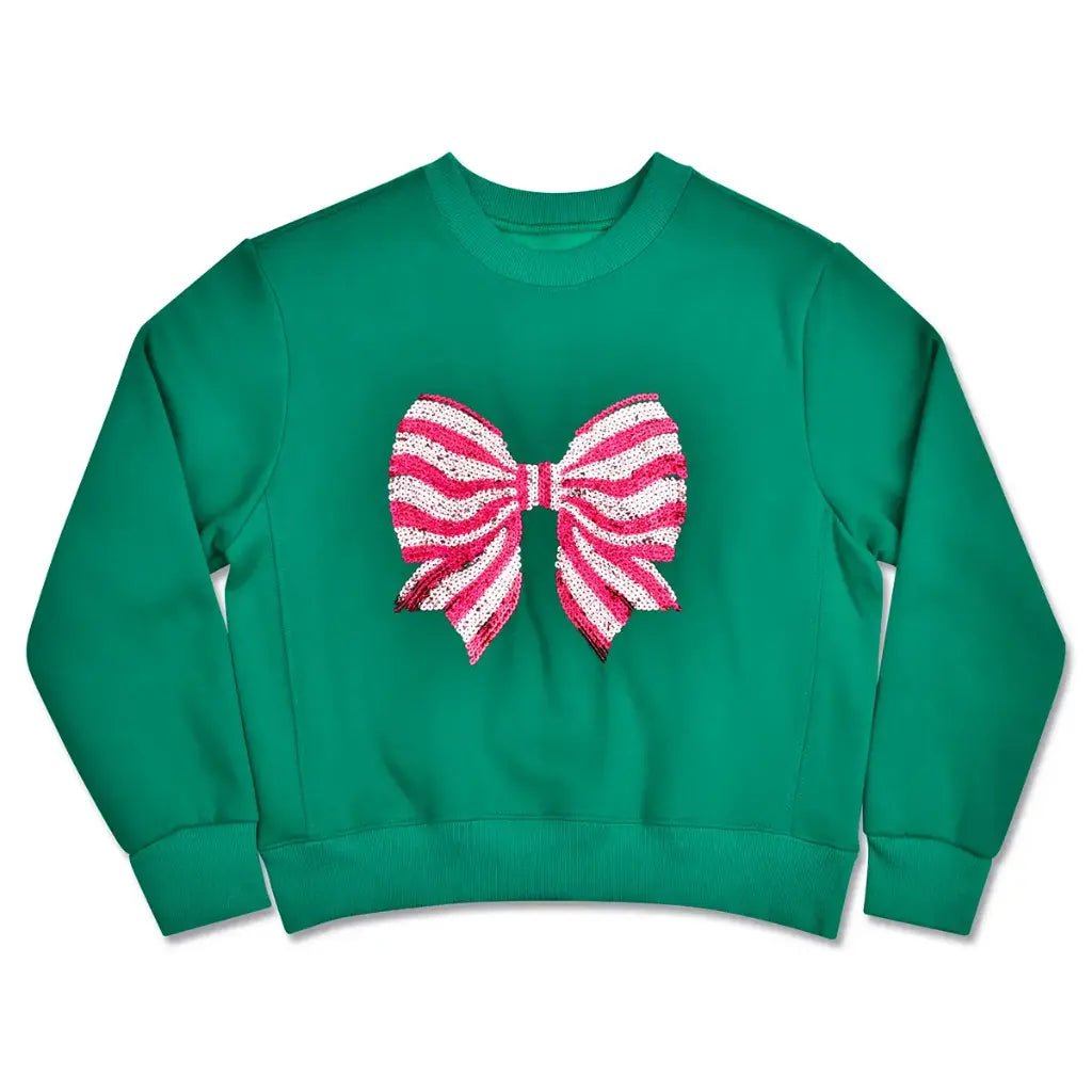 Green children’s sweatshirt with a large pink and white striped sequin bow on the front.