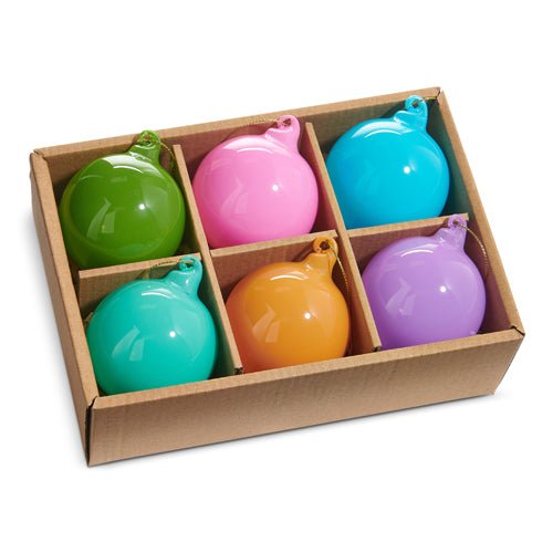 Box set of six 2.25-inch opaque blown glass ball ornaments in assorted multicolor finishes.