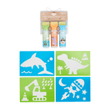 Children's roller chalk set with shark, dinosaur, construction, and space designs on a white background.