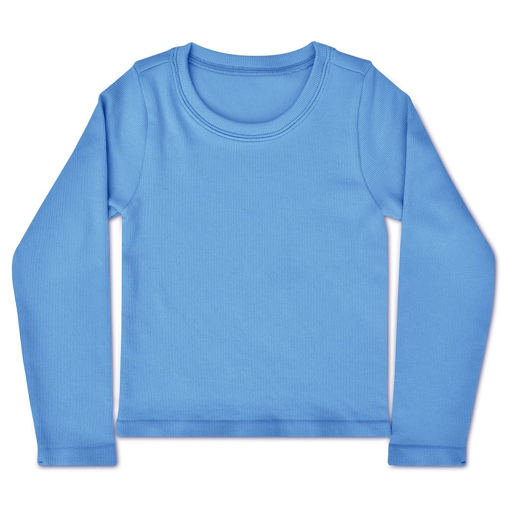 Bright blue ribbed long sleeve children’s shirt with a classic crew neckline.