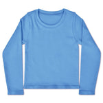 Bright blue ribbed long sleeve children’s shirt with a classic crew neckline.