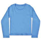 Bright blue ribbed long sleeve children’s shirt with a classic crew neckline.