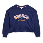  Navy Brunch Club sweatshirt with floral appliqué and embroidered script