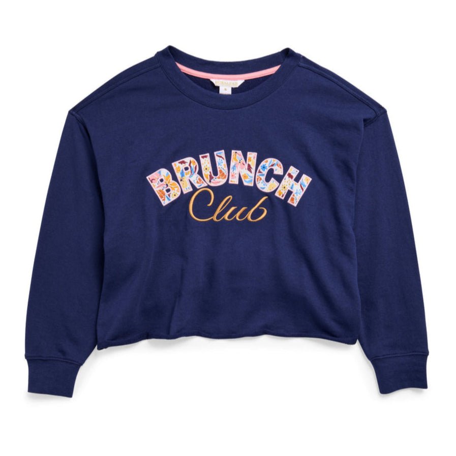  Navy Brunch Club sweatshirt with floral appliqué and embroidered script