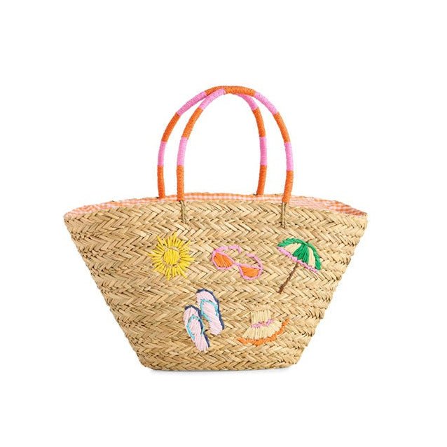Woven beach bag with colorful handles and embroidered designs on a white background