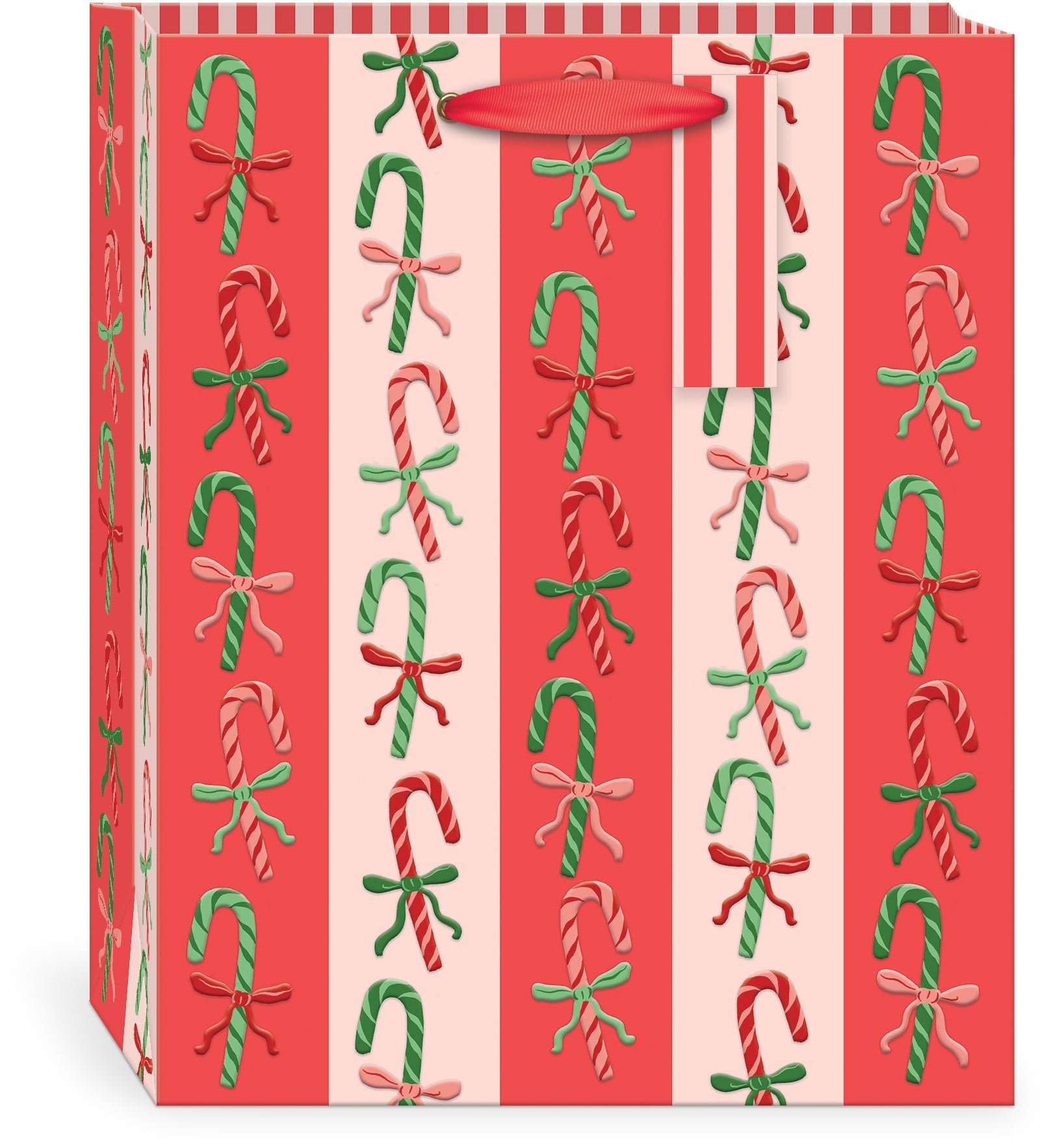 Punch Studio Candy Cane Lane Large Vertical Premium Gift Bag with embossed candy cane pattern and red grosgrain handle.