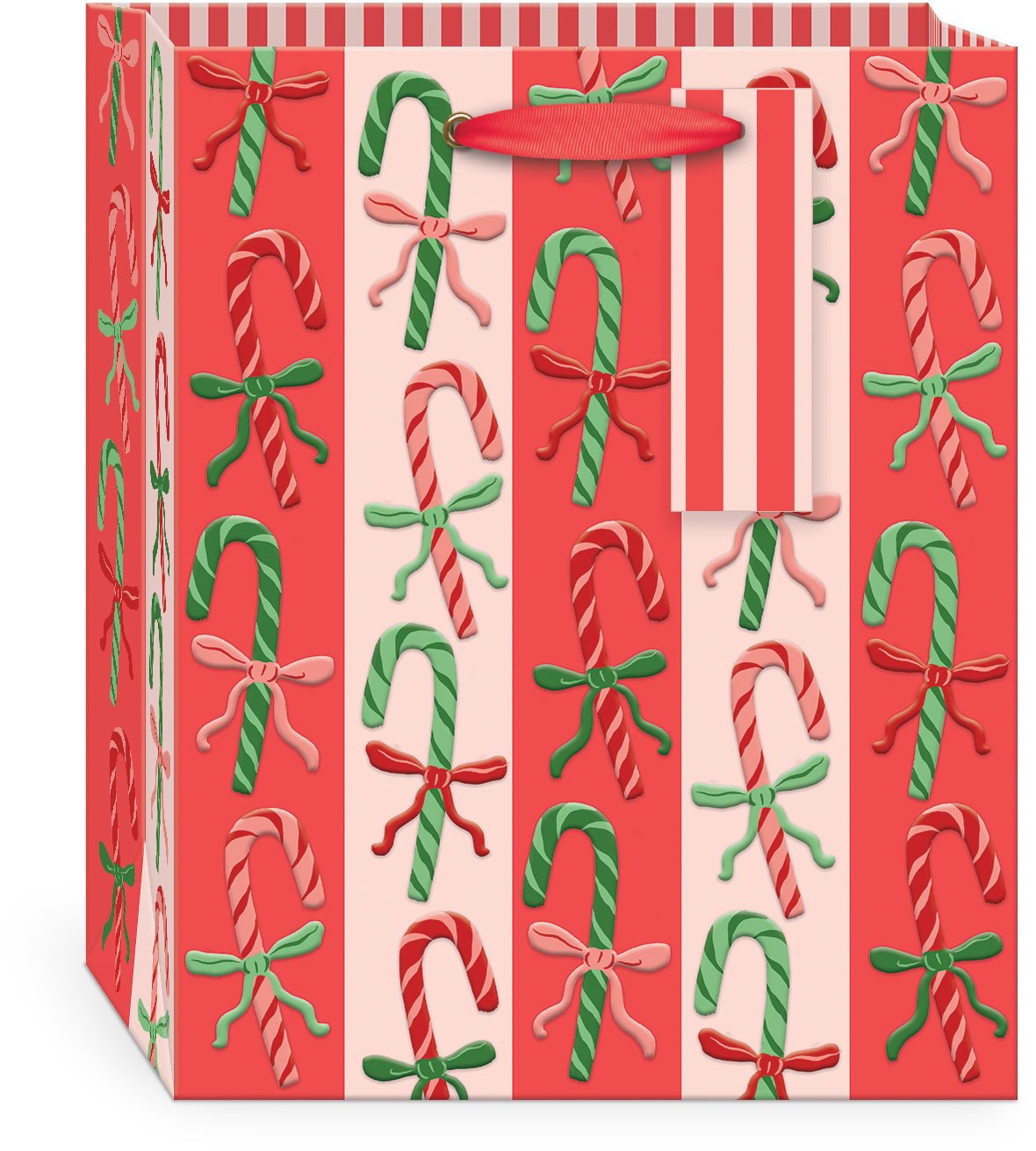 Punch Studio Candy Cane Lane Medium Vertical Premium Gift Bag with red and pink stripes and embossed candy canes.