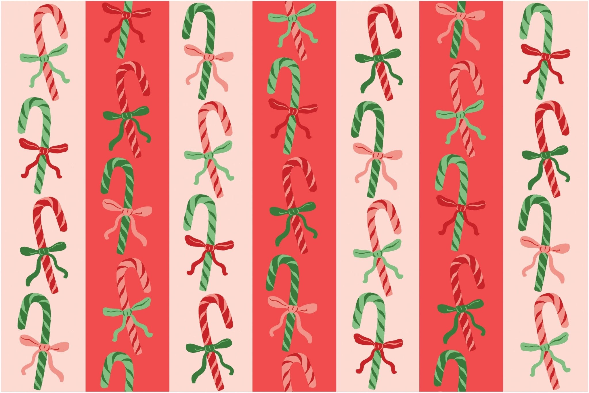 Punch Studio Candy Cane Lane Gift Wrap Roll featuring red, green, and pink candy canes with bows, 30" x 120".