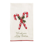 Cotton hand towel with embroidered candy canes, holly leaves, and red pom trim