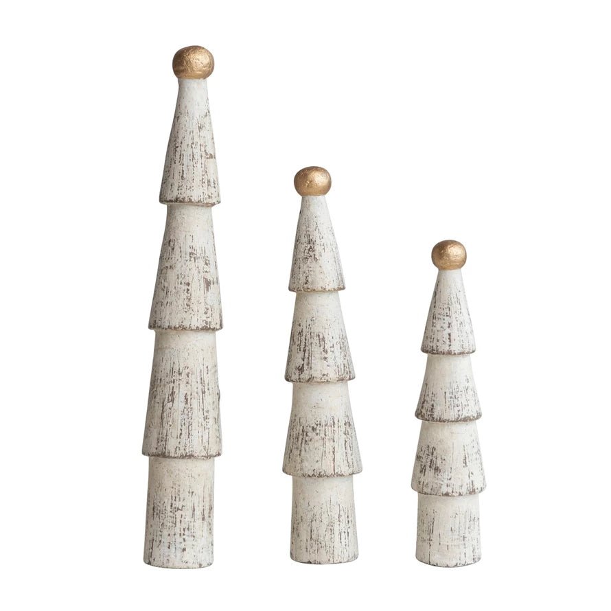 Set of three carved mango wood Christmas trees in distressed cream with gold ball tops