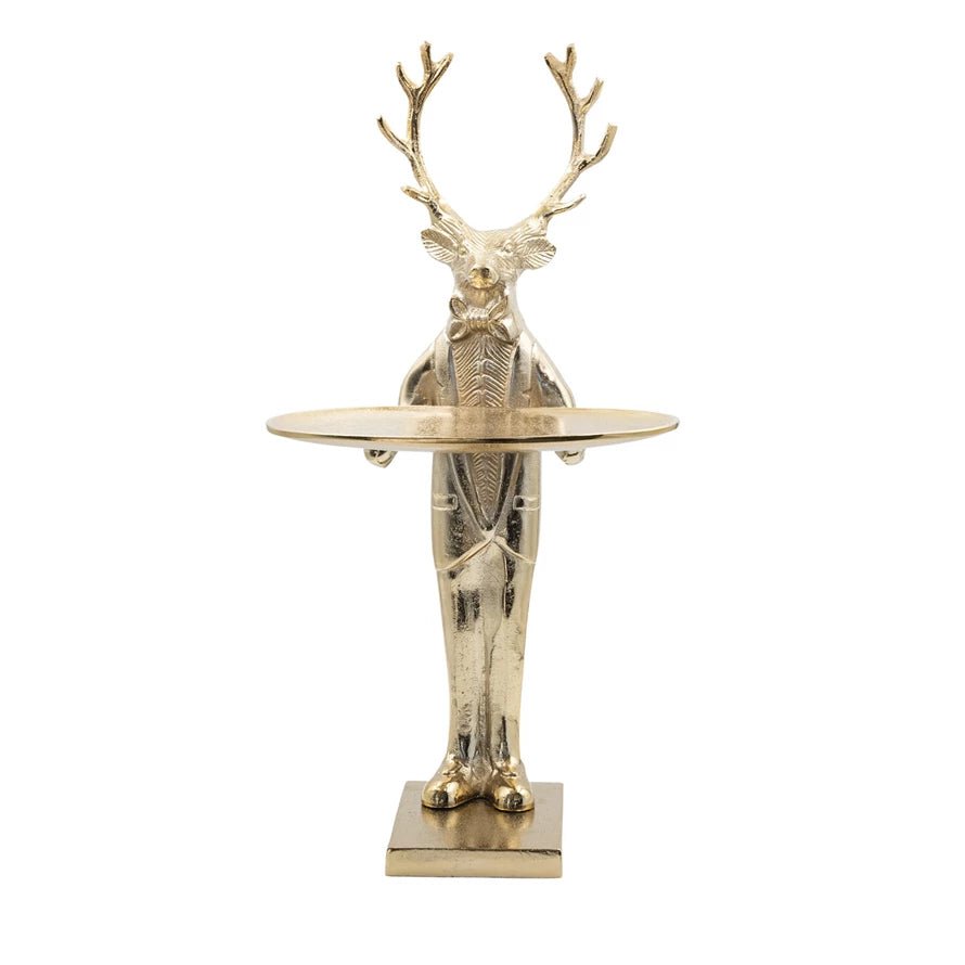 Gold cast aluminum deer figurine in a tuxedo holding a round tray for serving or display