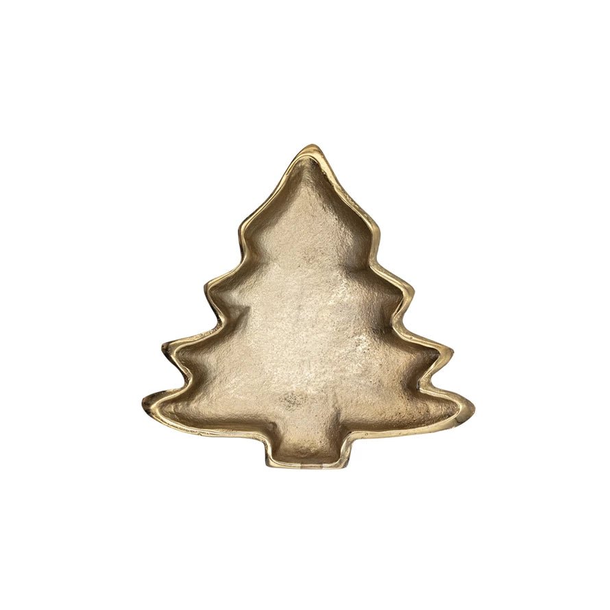 Gold-finished aluminum dish shaped like a Christmas tree, perfect for holiday treats or decor