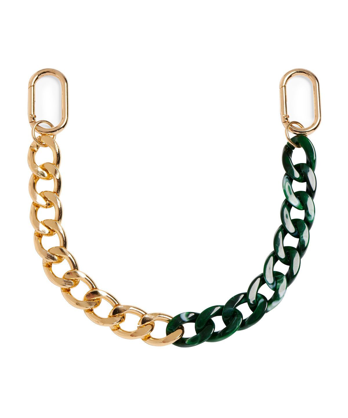 Bag charm with gold and forest green chain links and gold clips