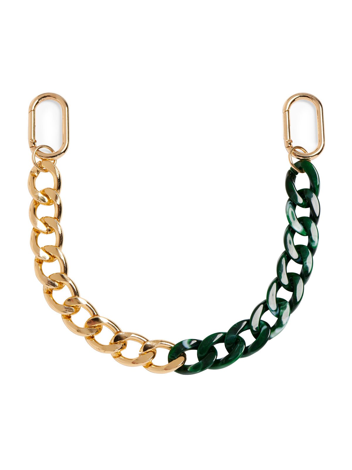 Bag charm with gold and forest green chain links and gold clips