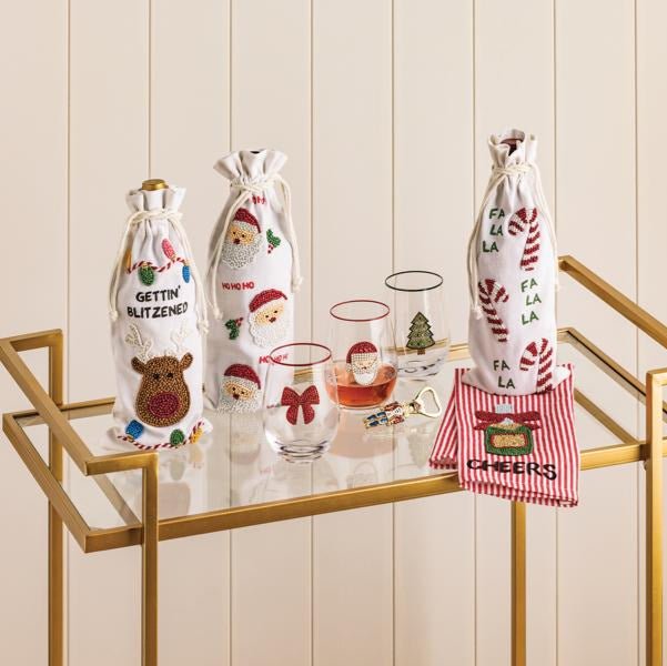 Red and white striped cotton towel with beaded champagne bottle and “Cheers” text.