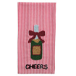 Red and white striped cotton towel with beaded champagne bottle and “Cheers” text.