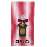Red and white striped cotton towel with beaded champagne bottle and “Cheers” text.