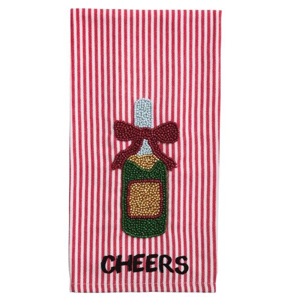 Red and white striped cotton towel with beaded champagne bottle and “Cheers” text.