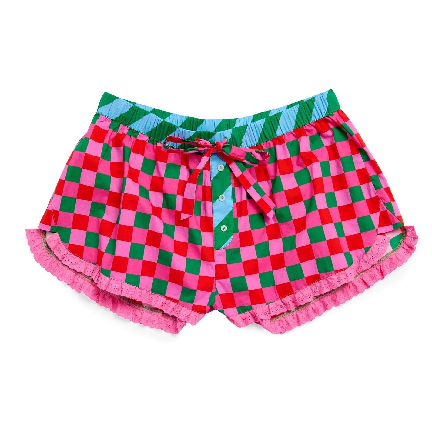 Holiday checkered cotton boxer shorts with red, pink, and green pattern, lace trim, and striped waistband