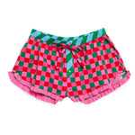 Holiday checkered cotton boxer shorts with red, pink, and green pattern, lace trim, and striped waistband