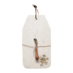 White marble cheese board with pearl snowflake inlay, wood-handled canapé knife, and leather hanging tie