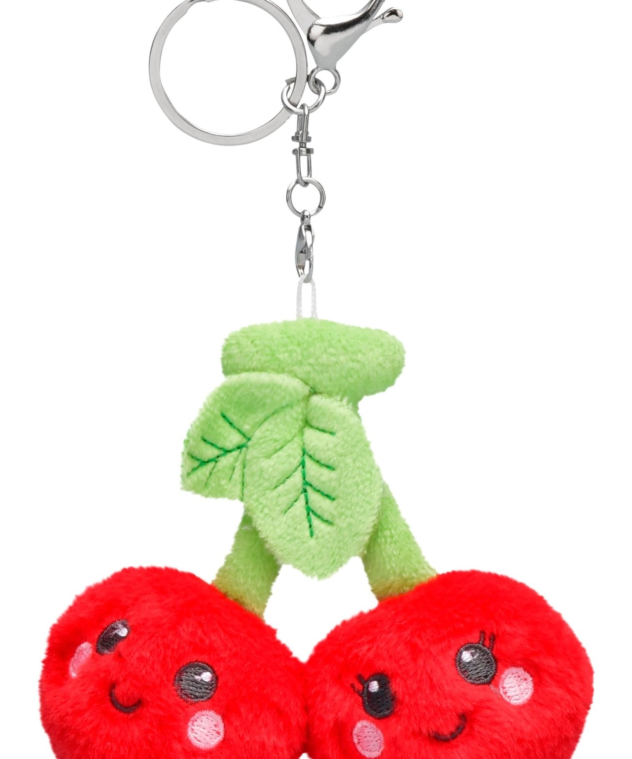 Plush cherries keychain with smiling embroidered faces and green leaf topper, attached to silver clip.