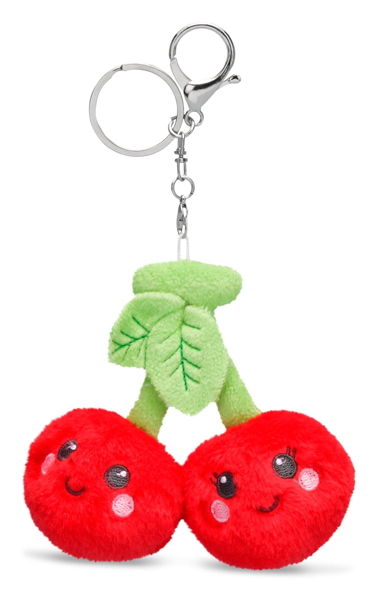 Plush cherries keychain with smiling embroidered faces and green leaf topper, attached to silver clip.