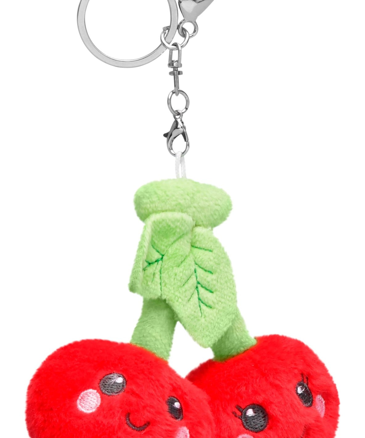 Plush cherries keychain with smiling embroidered faces and green leaf topper, attached to silver clip.