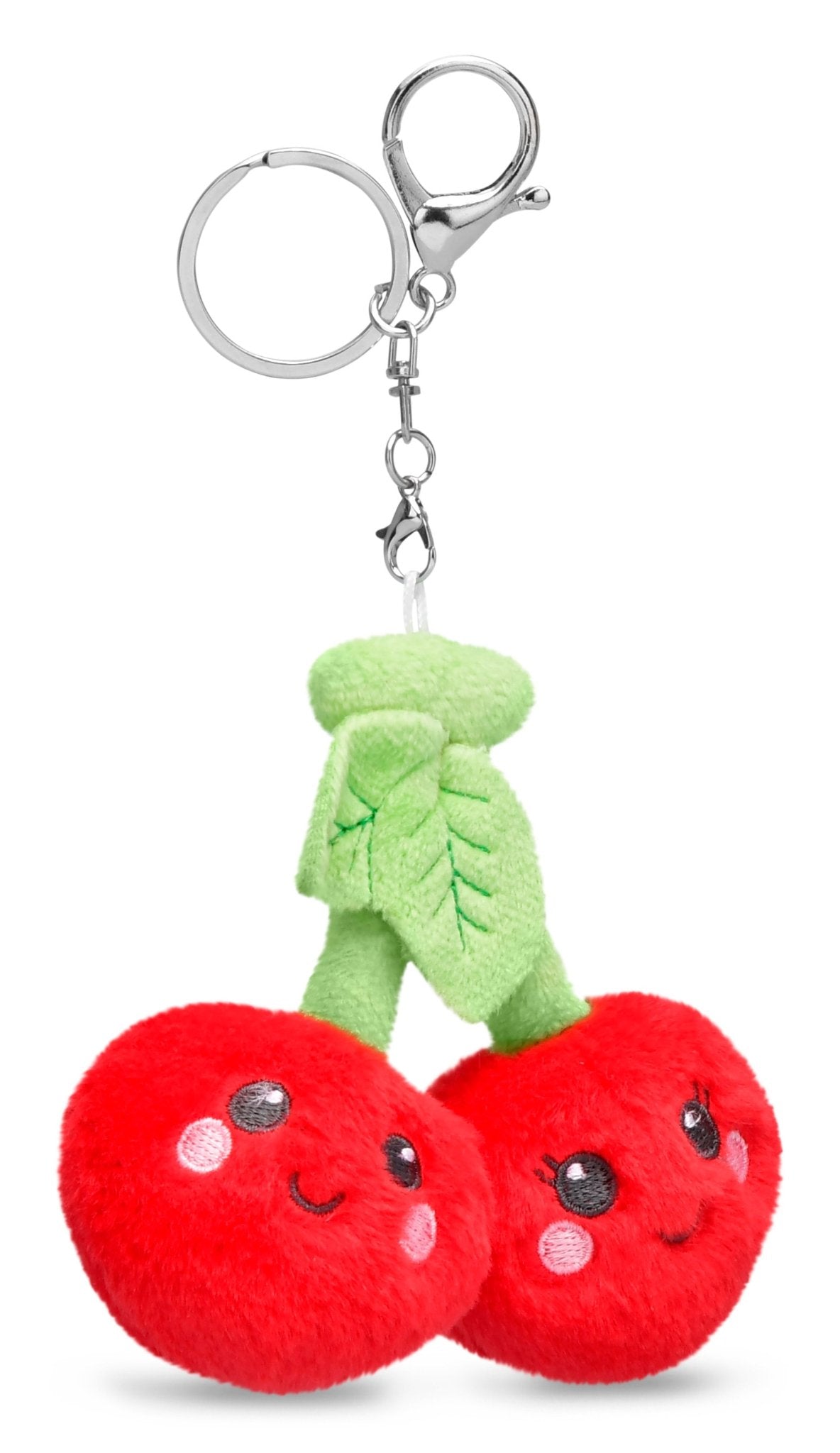 Plush cherries keychain with smiling embroidered faces and green leaf topper, attached to silver clip.