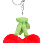 Plush cherries keychain with smiling embroidered faces and green leaf topper, attached to silver clip.