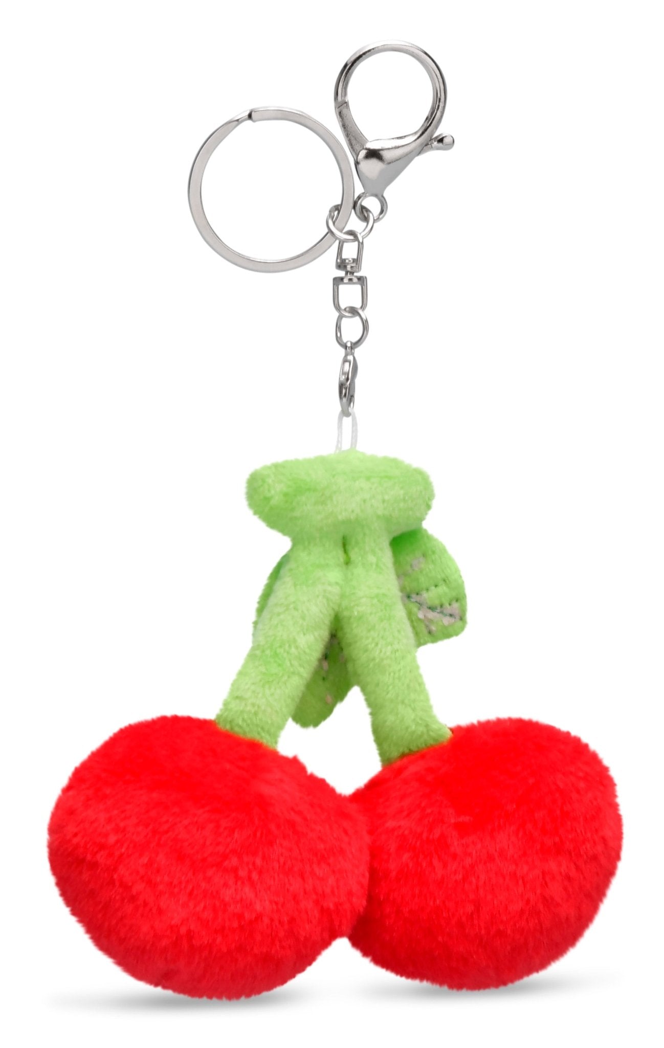 Plush cherries keychain with smiling embroidered faces and green leaf topper, attached to silver clip.