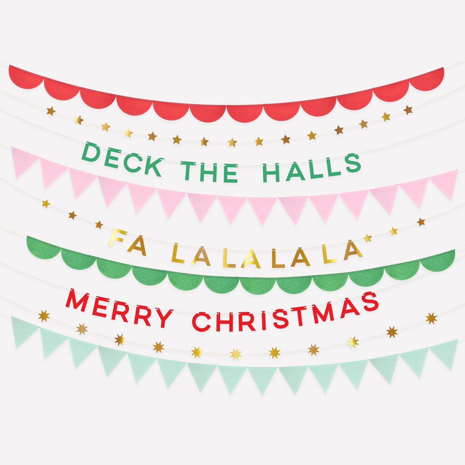 Christmas garland set with red, green, pink, and gold banners featuring festive text and star details