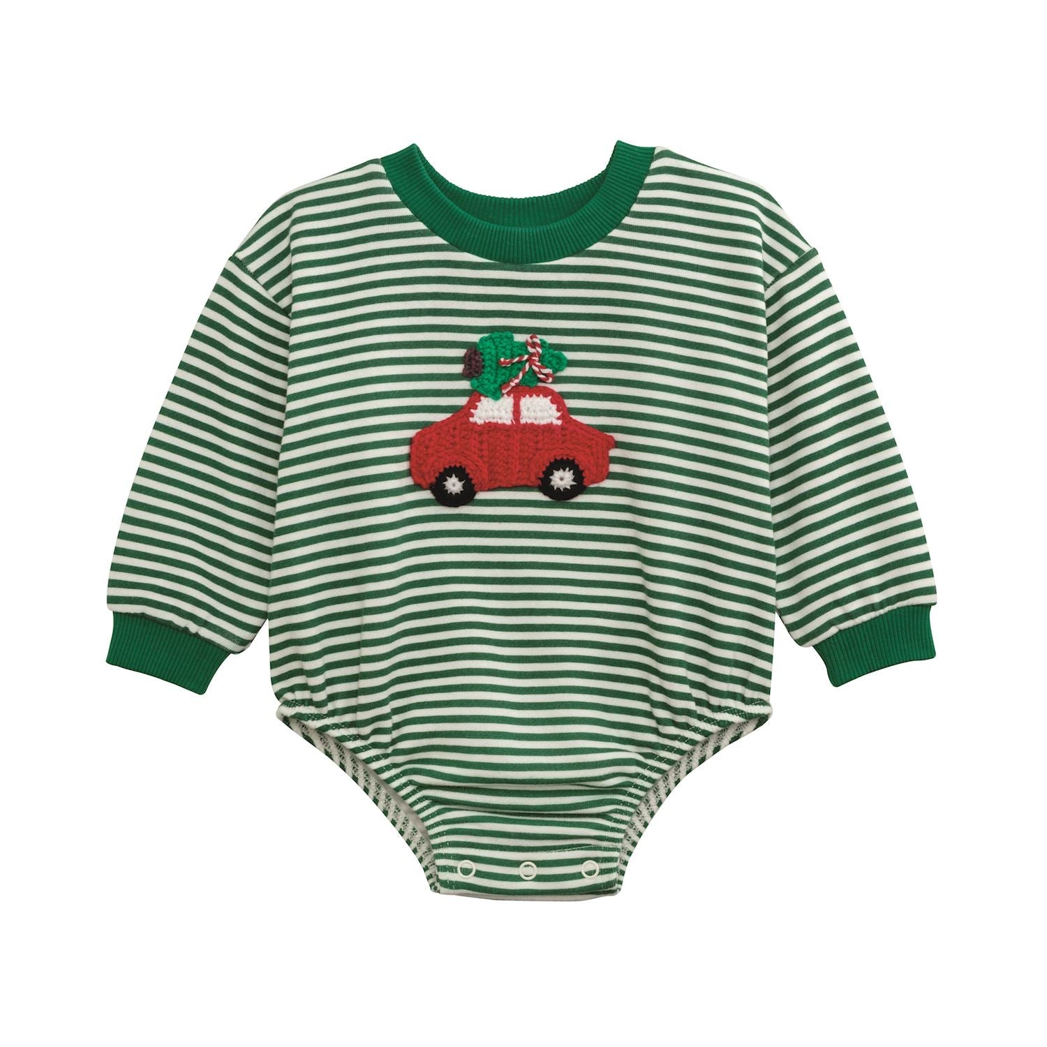 Christmas Tree Car Crochet Bubble – Green Stripe Sweatshirt Bubble for Baby by Mud Pie at Confetti Gift and Party Tuscaloosa Alabama