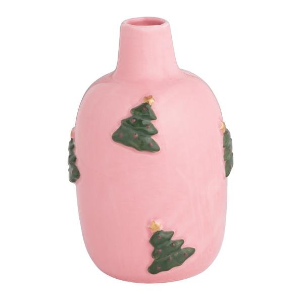 Pink ceramic vase with raised green Christmas tree accents.