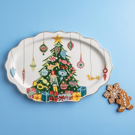 Hand-painted Christmas tree ceramic platter with ruffled gold edge and ornaments