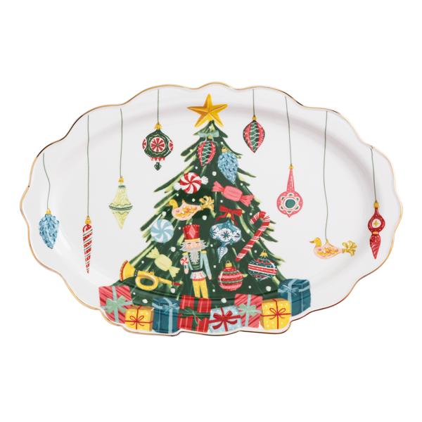 Hand-painted Christmas tree ceramic platter with ruffled gold edge and ornaments