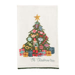 Cotton hand towel with embroidered Christmas tree and green pom trim