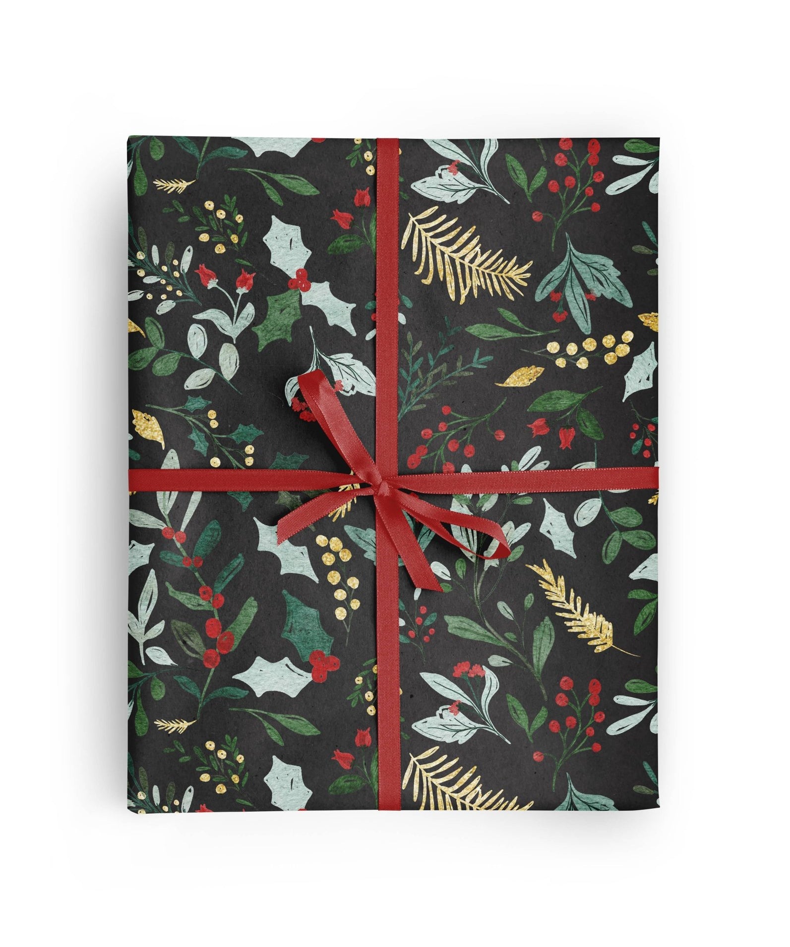 Christmas Watercolor Greenery Black Wrapping Paper Roll by Vivie and Ash at Confetti Gift and Party Tuscaloosa Alabama