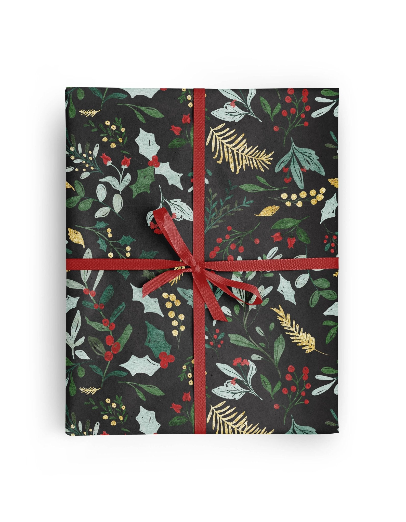 Christmas Watercolor Greenery Black Wrapping Paper Roll by Vivie and Ash at Confetti Gift and Party Tuscaloosa Alabama