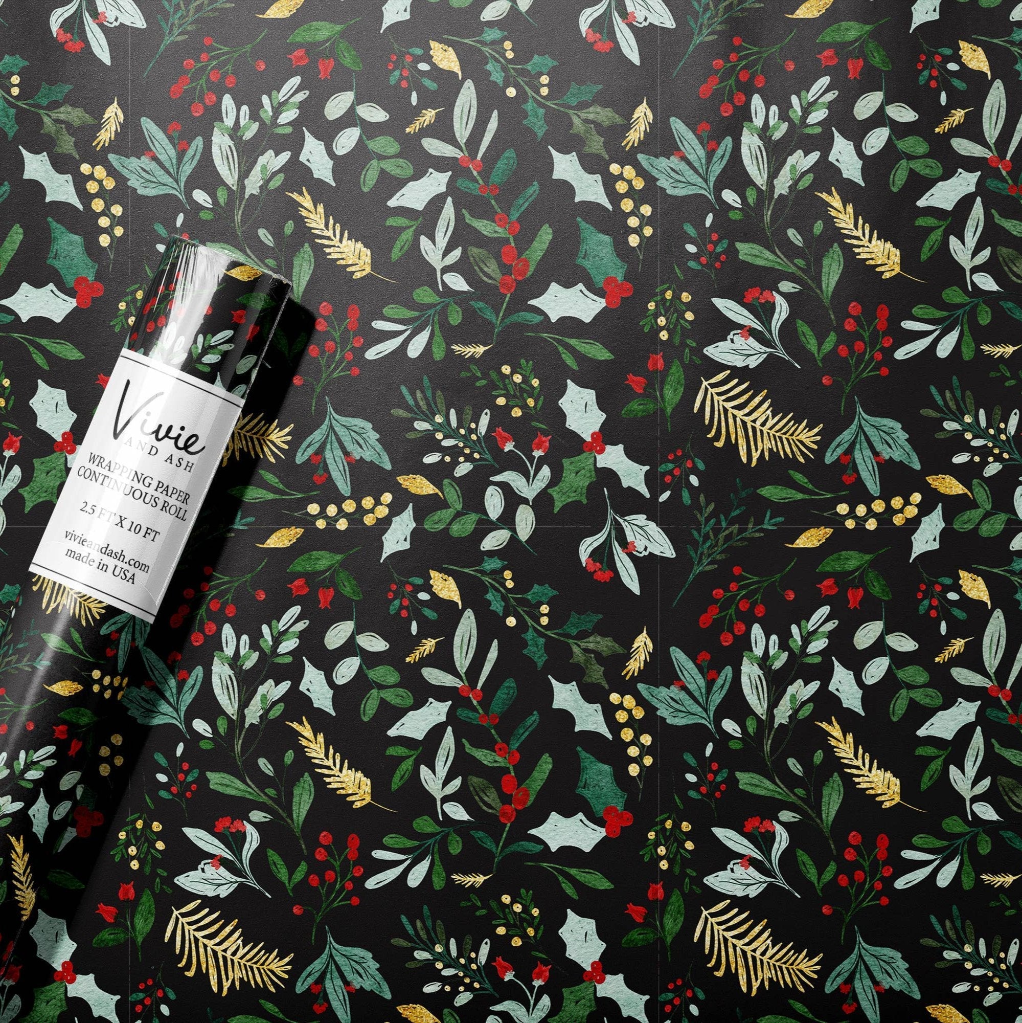 Christmas Watercolor Greenery Black Wrapping Paper Roll by Vivie and Ash at Confetti Gift and Party Tuscaloosa Alabama