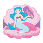 Mermaid magnetic puzzle packaging with a mermaid and seahorse on a pink shell-shaped background.