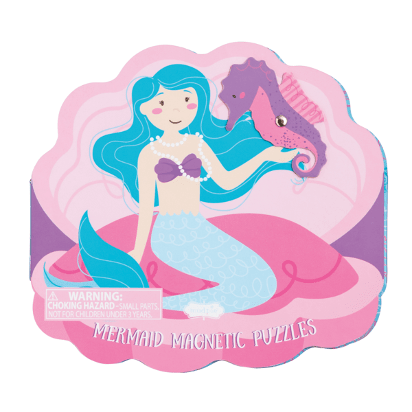 Mermaid magnetic puzzle packaging with a mermaid and seahorse on a pink shell-shaped background.
