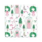Mary Square Home for Christmas cocktail napkins featuring pink and green holiday doors, wreaths, and bows.